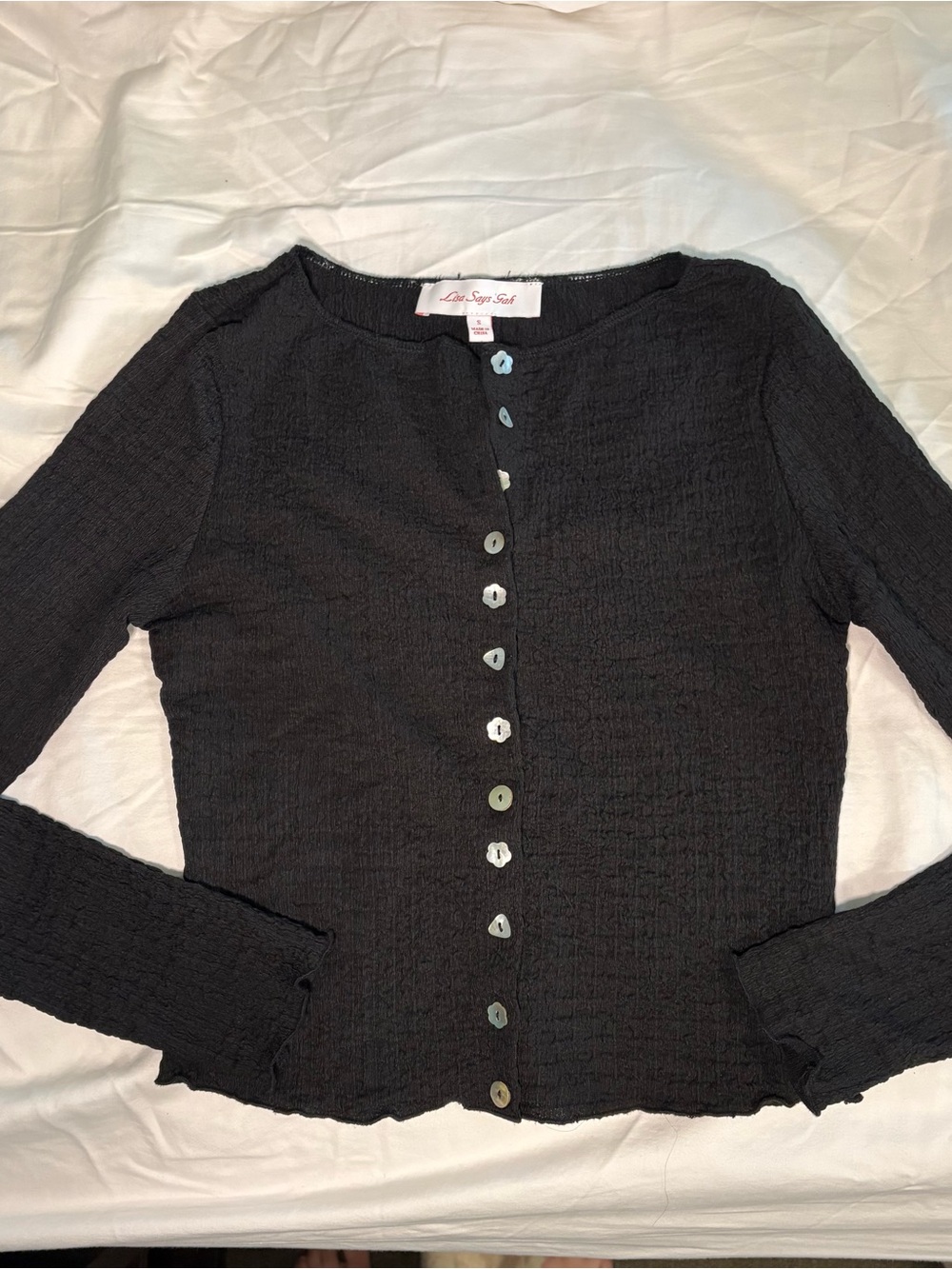 Lisa Says Gah Black Button-Front Textured Top